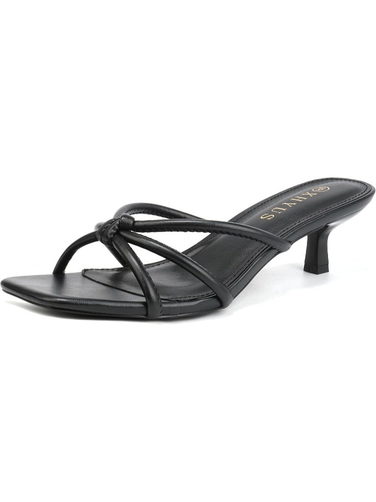Women's Black Faux Leather Summer Spaghetti Strap Square Open Toe Fashion Heel